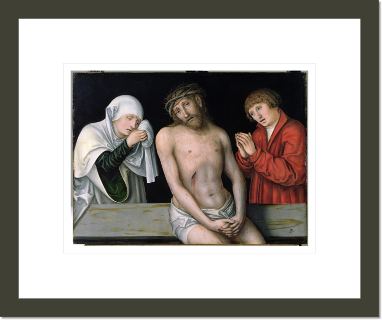 Christ as the Man of Sorrows with the Virgin and St. John (oil on panel)