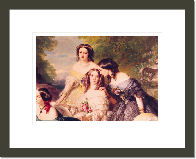 Empress Eugenie (1826-1920) and her Ladies in Waiting, detail of Baronne de Malaret, nee Nathalie de Segur (yellow dress), Marquise de las Marismas (white dress) & Marquise de La Tour Maubourg and the Marquise (blue dress)