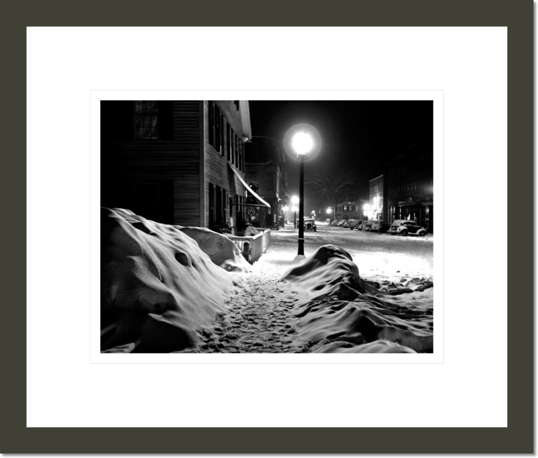 Center of Town, Snowy Night. Woodstock, Vermont.