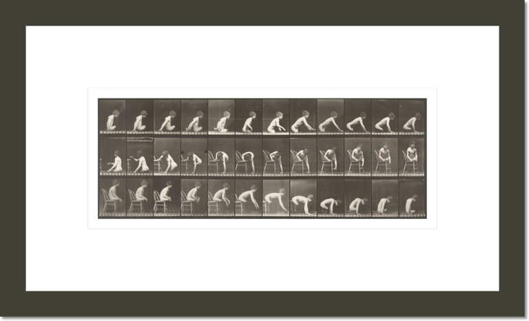 Nude boy with double amputation of thighs moving forward and getting on and off chair (Animal Locomotion, 1887, plate 538)