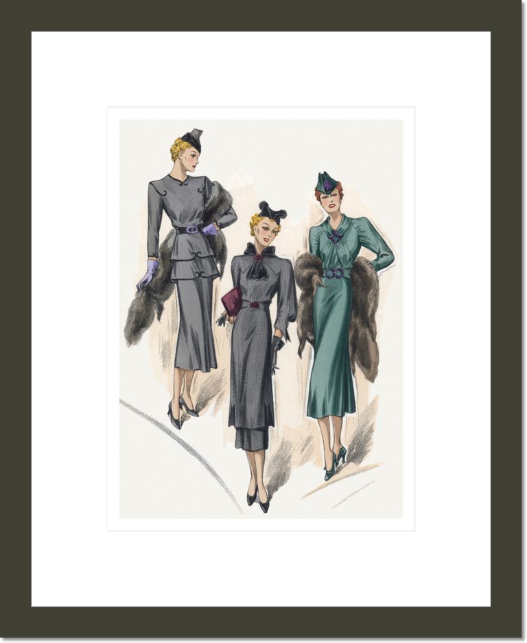 1930's Winter Fashion:Three French Dresses in Green and Gray