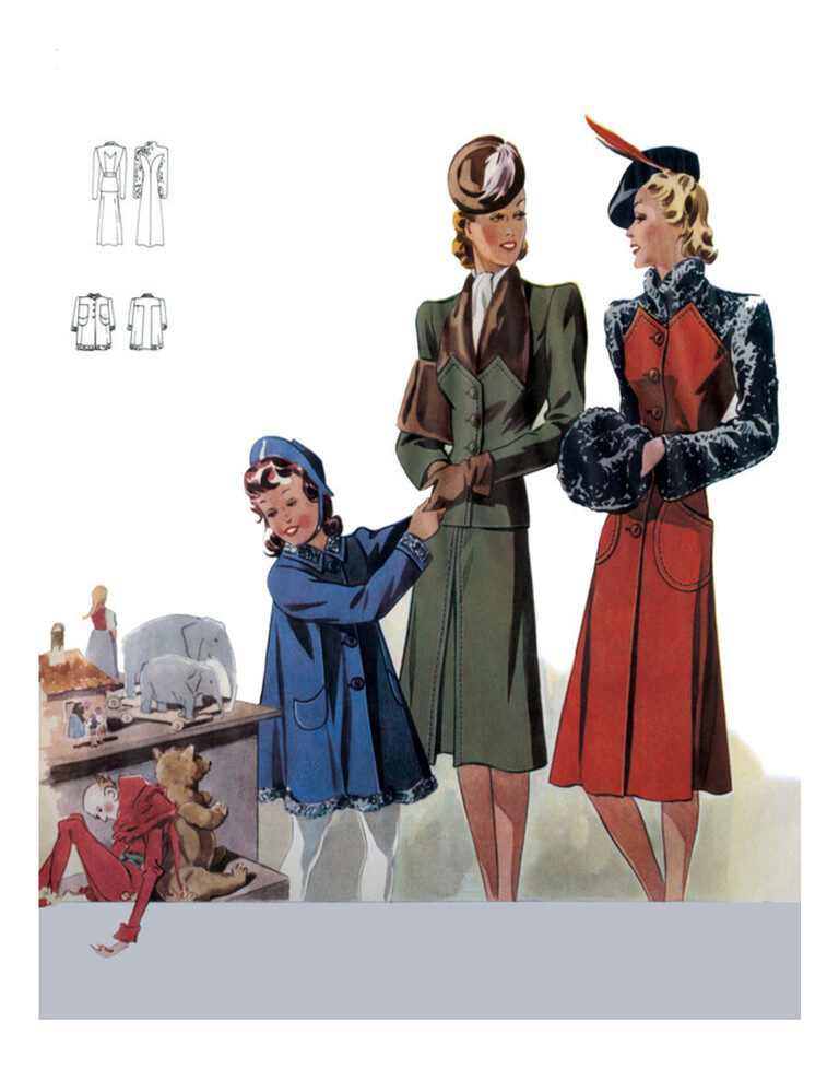 Tailored and Trim–1940s Fashion: Two Women and a Child with Toys