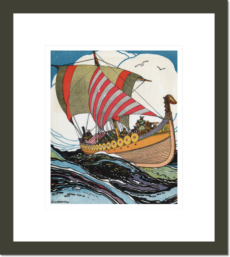 Norse explorer Leif Erickson's ship sailing through stormy waters