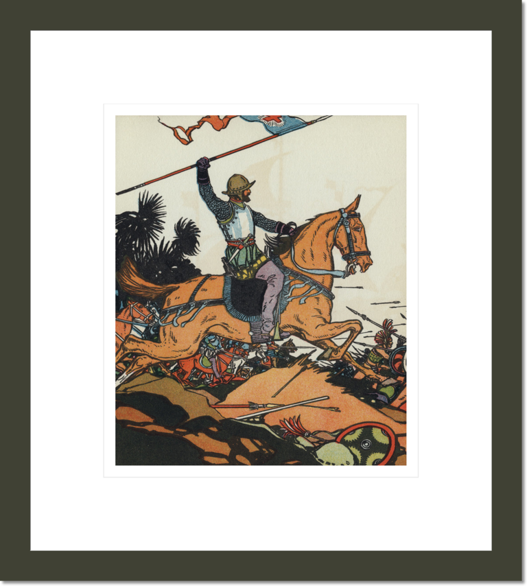 Spanish conquistador Hernán Cortés (Cortez)  riding a horse into battle carrying a flag