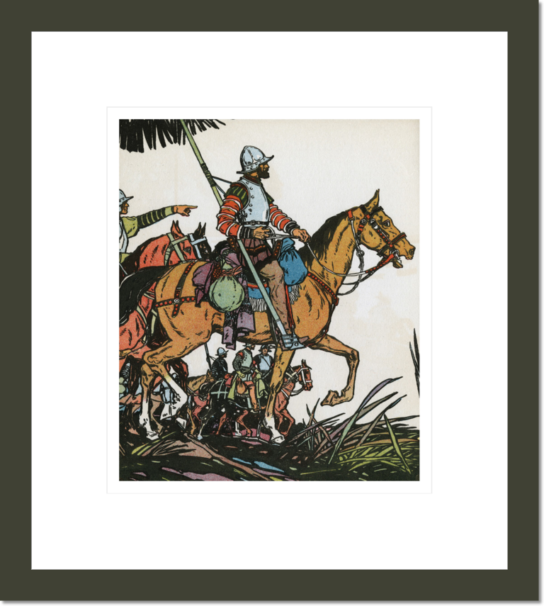 Spanish conquistador Francisco Pizarro riding a horse carrying a flag