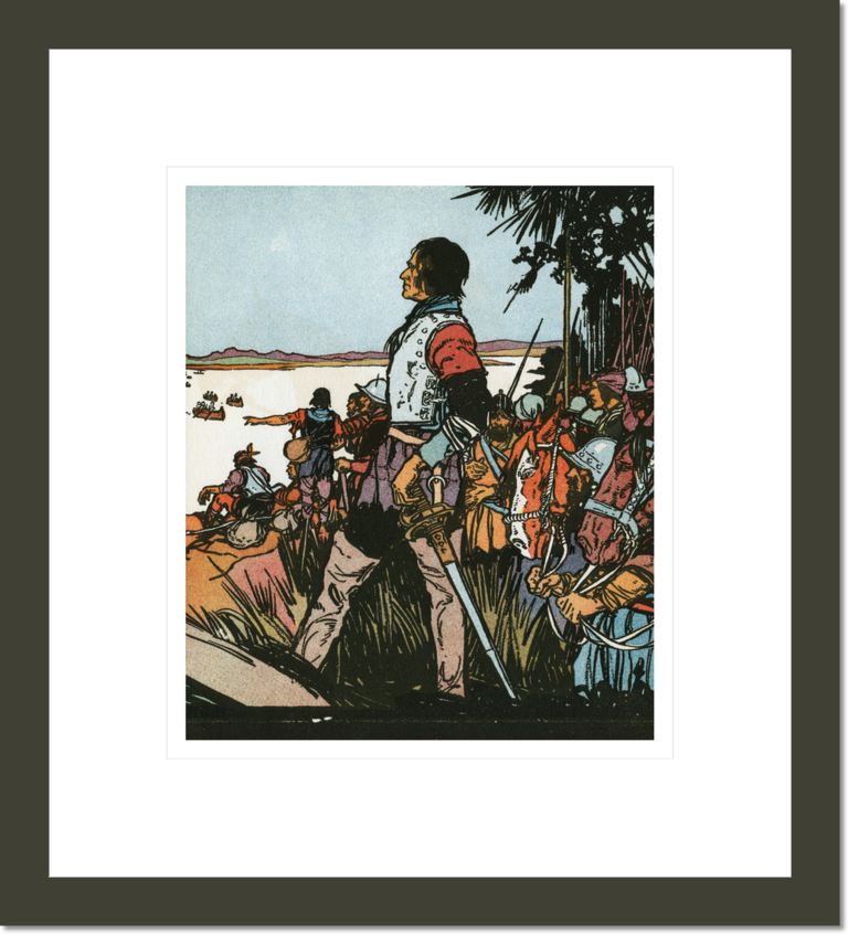 Spanish explorer and conquistador Hernando de Soto standing on shore