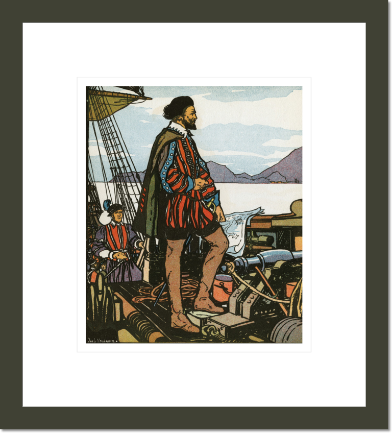 British Elizabethan explorer and adventurer  Sir Francis Drake standing on shop looking at shore