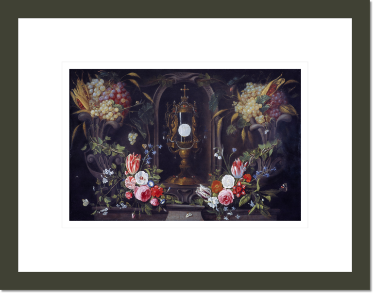 Still Life of Flowers and Grapes encircling a Monstrance in a Niche