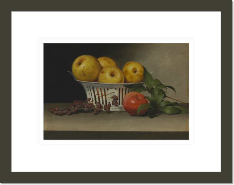 Still Life with Raisins, Yellow and Red Apples in Porcelain Basket