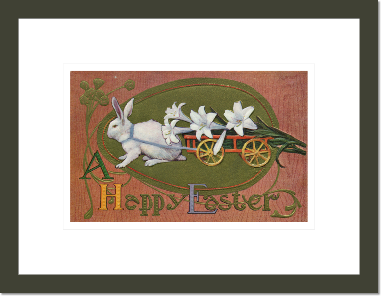 A Happy Easter Postcard with a Rabbit Pulling Lilies