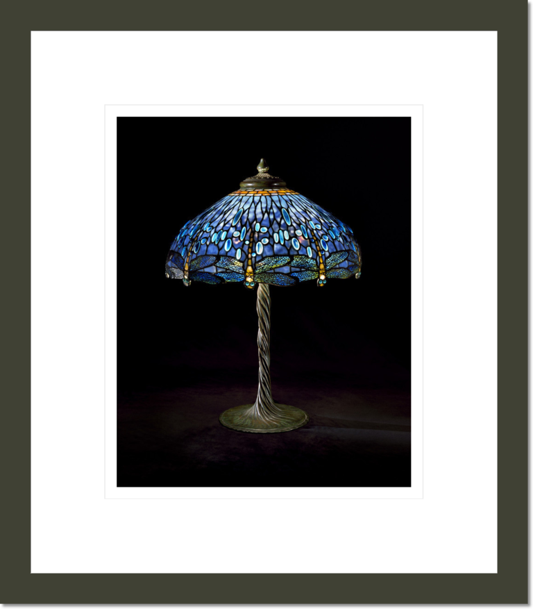 Tiffany Studios, Electric Lamp in Holden Dragonfly Shade and Twisted-Stem Waterlily Standard