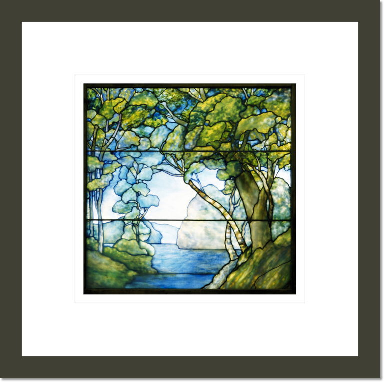A leaded glass landscape window depicting a passage to the sea