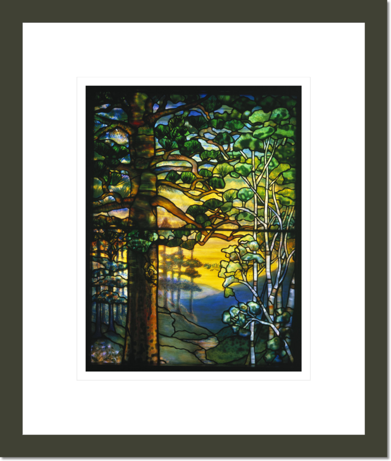 A landscape window depicting a meandering stream shaded by towering fir trees