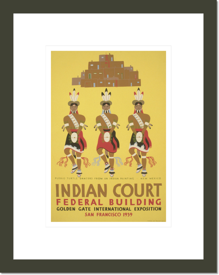 Indian court, Federal Building, Golden Gate International Exposition, San Francisco, 1939 Pueblo turtle dancers from an Indian painting, New Mexico