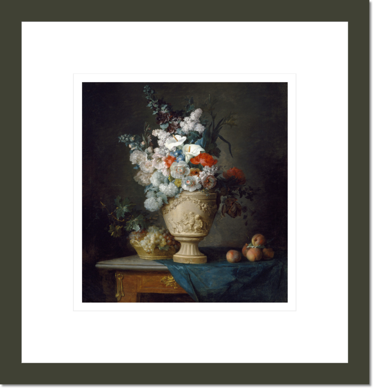 Bouquet of Flowers in a Terracotta Vase, with Peaches and Grapes