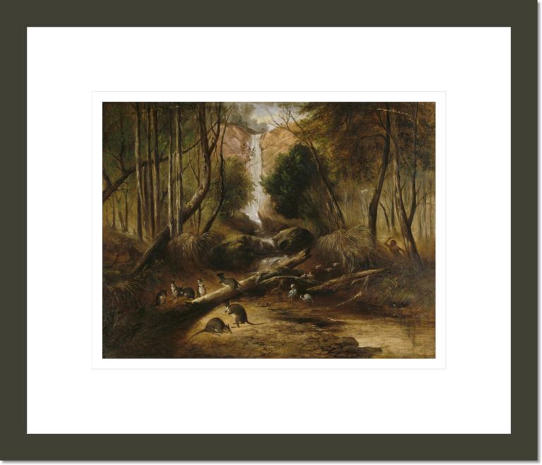 (Bush landscape with waterfall and an aborigine stalking native animals, New South Wales)