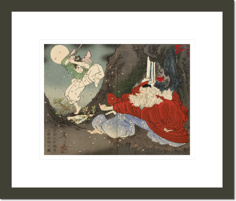 Picture of the Young Yoshitsune Learning Martial Arts at Mt. Kurama, from the series Sketches by Yoshitoshi