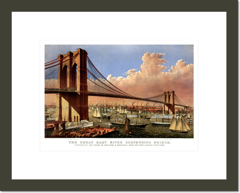 The great East River suspension bridge: connecting the cities of New York & Brooklyn From New York looking south-east.