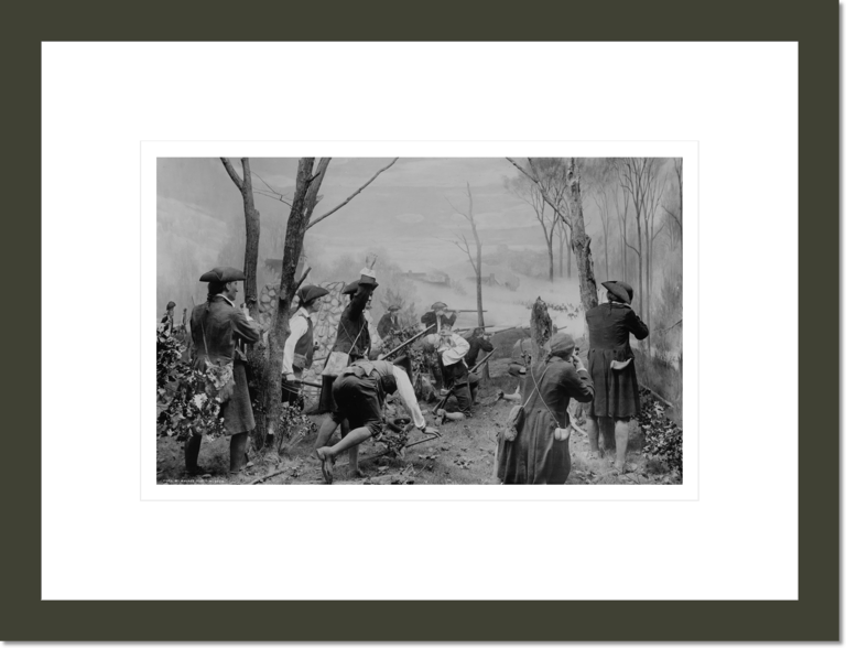 [Colonial soldiers engaged in battle in a forest, possibly during the American Revolution]