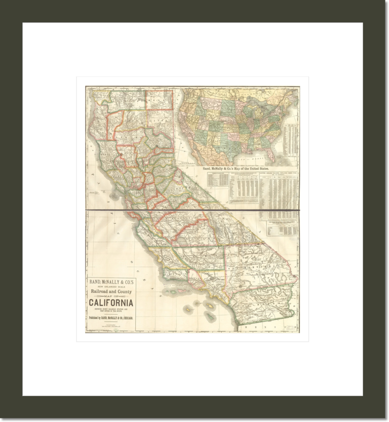 New enlarged scale railroad and county map of California showing every railroad station and post office in the state.