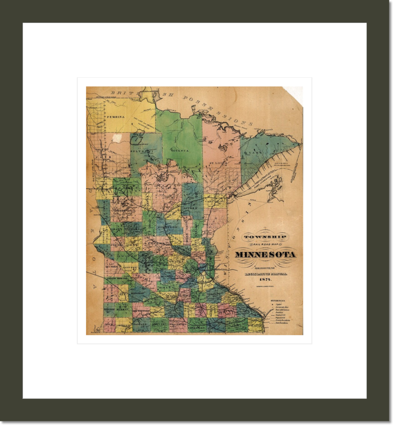 Township and railroad map of Minnesota published for the Legislative Manual, 1874.
