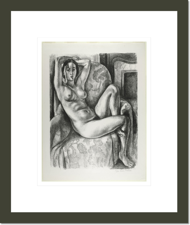 Nude with Blue Cushion next to a Fireplace