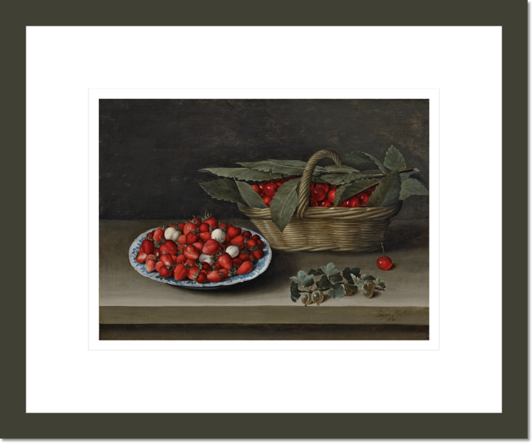 Still Life with a Bowl of Strawberries, Basket of Cherries, and Branch of Gooseberries