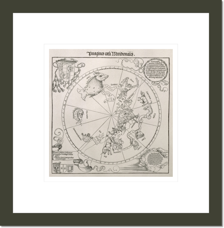 Map of the Southern Sky, with representations of constellations, decorated with the crest of Cardinal Lang von Wellenburg, and a dedication to him with his coats of arms and the Imperial copyright, 15